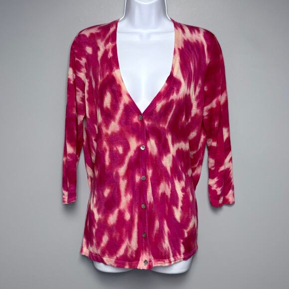 Ann Taylor Pink Tie Dye Silk Linen 3/4 Sleeve Lightweight Cardigan Womens Sz L - Picture 1 of 6